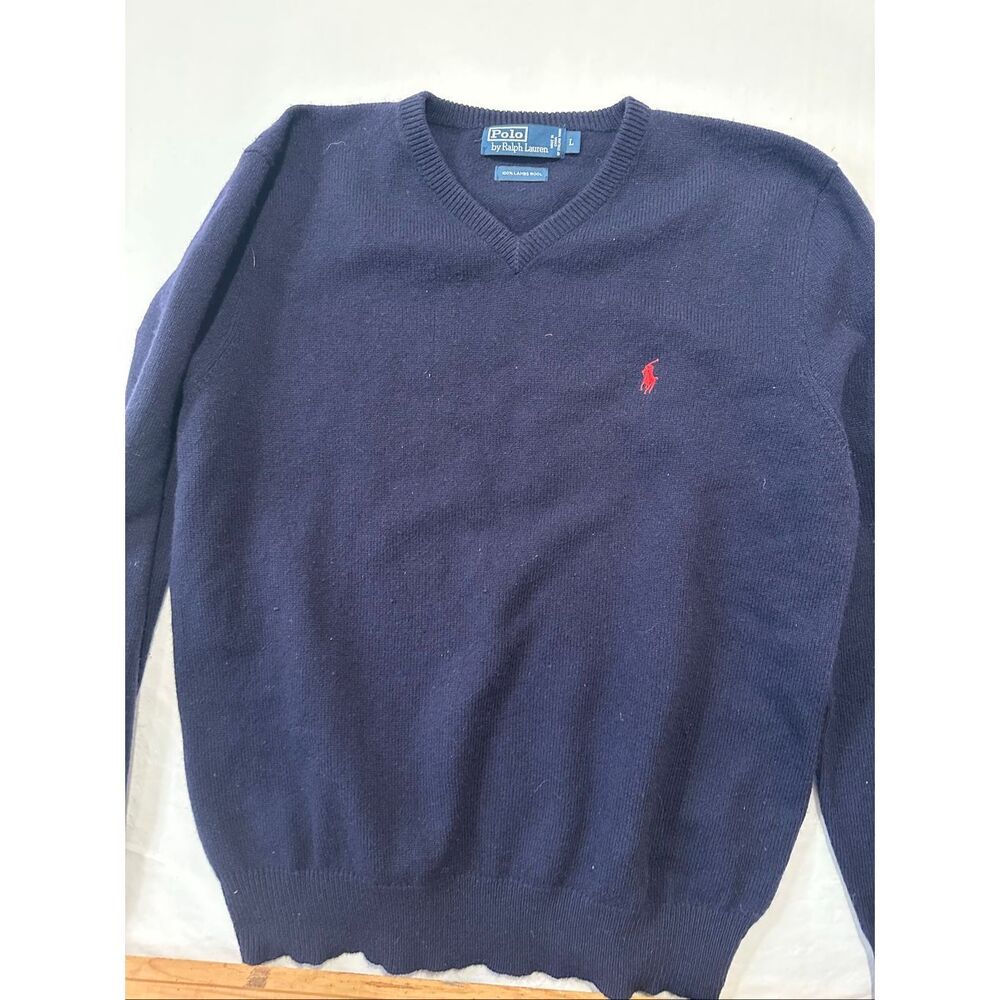 Polo Ralph Lauren Navy Blue 100% Lambs Wool V-Neck Sweater Men’s Large Red Pony